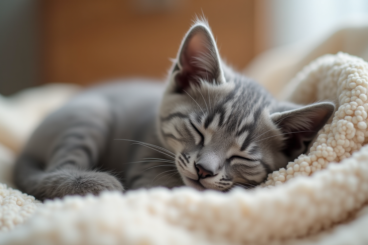 Chaton angora gris dormant sur une couverture beige