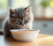 Chaton angora gris mangeant dans une cuisine lumineuse