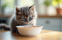Chaton angora gris mangeant dans une cuisine lumineuse