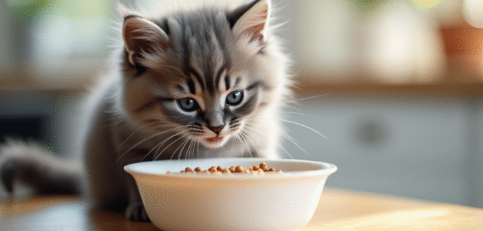 Chaton angora gris mangeant dans une cuisine lumineuse