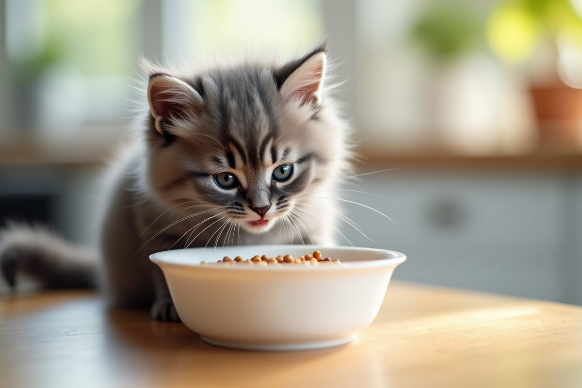 Chaton angora gris mangeant dans une cuisine lumineuse