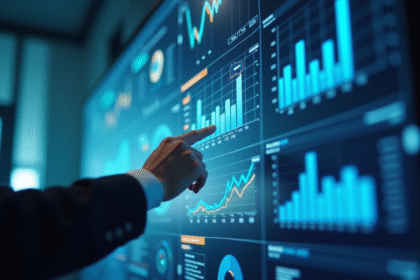 Chercheur en bureau moderne analysant des données avec IA