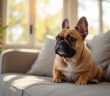 Bouledogue français assis sur un canapé cosy en lumière naturelle