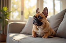 Bouledogue français assis sur un canapé cosy en lumière naturelle