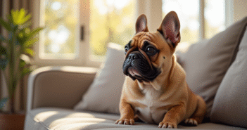 Bouledogue français assis sur un canapé cosy en lumière naturelle
