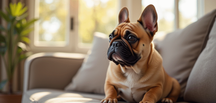 Bouledogue français assis sur un canapé cosy en lumière naturelle