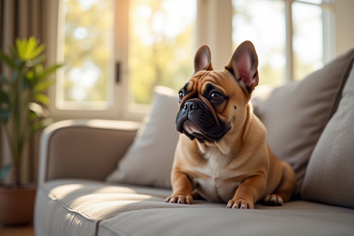 Bouledogue français assis sur un canapé cosy en lumière naturelle