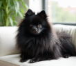 Pomeranian noir assis sur un canapé blanc dans un salon lumineux