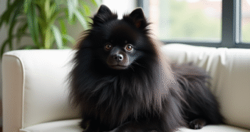 Pomeranian noir assis sur un canapé blanc dans un salon lumineux