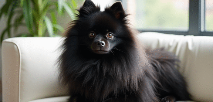 Pomeranian noir assis sur un canapé blanc dans un salon lumineux