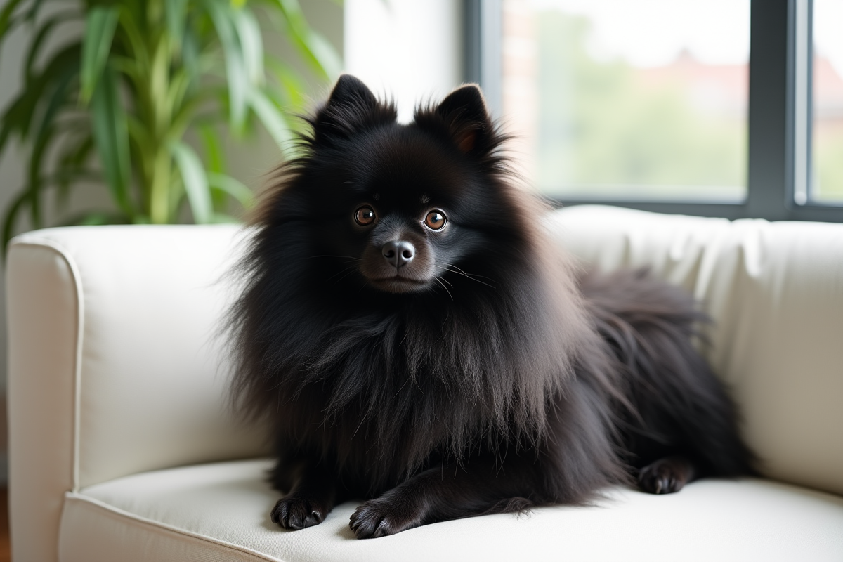 Pomeranian noir assis sur un canapé blanc dans un salon lumineux