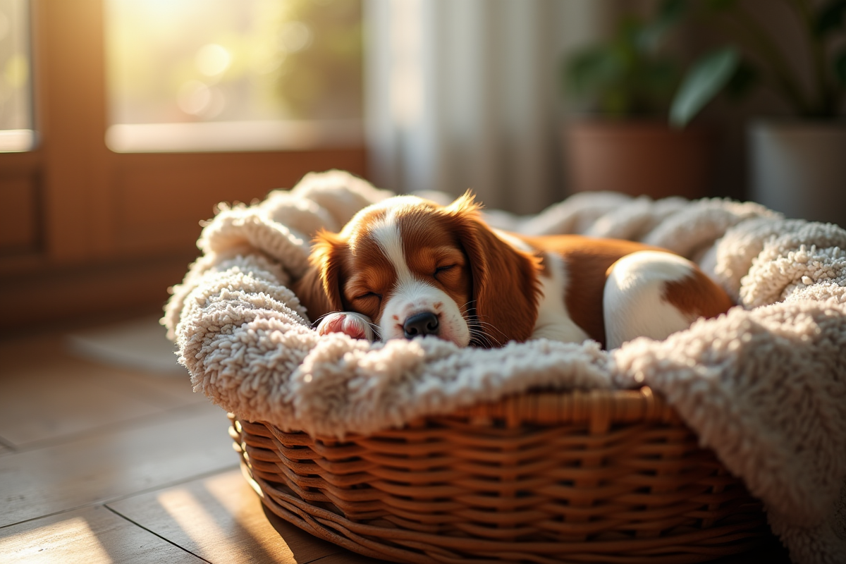 Chiot Brittany Spaniel dans un panier douillet à la maison