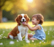 Chiot Brittany Spaniel dans un parc ensoleille avec un enfant