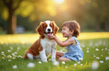 Chiot Brittany Spaniel dans un parc ensoleille avec un enfant