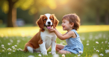 Chiot Brittany Spaniel dans un parc ensoleille avec un enfant