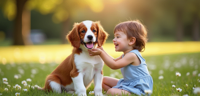 Chiot Brittany Spaniel dans un parc ensoleille avec un enfant