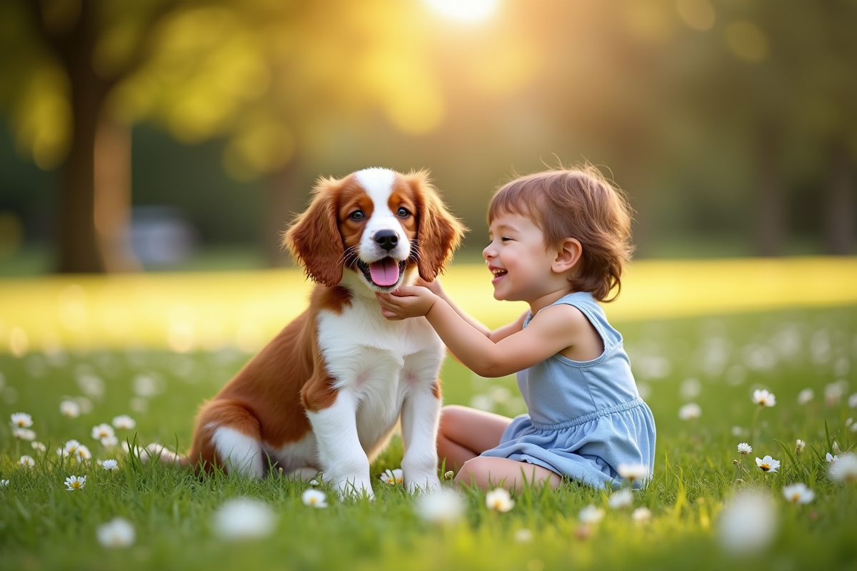 Chiot Brittany Spaniel dans un parc ensoleille avec un enfant