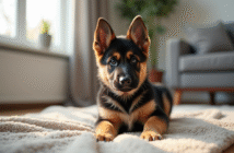 Jeune chiot berger allemand assis sur un coussin dans un salon lumineux