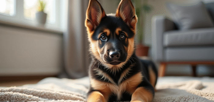 Jeune chiot berger allemand assis sur un coussin dans un salon lumineux