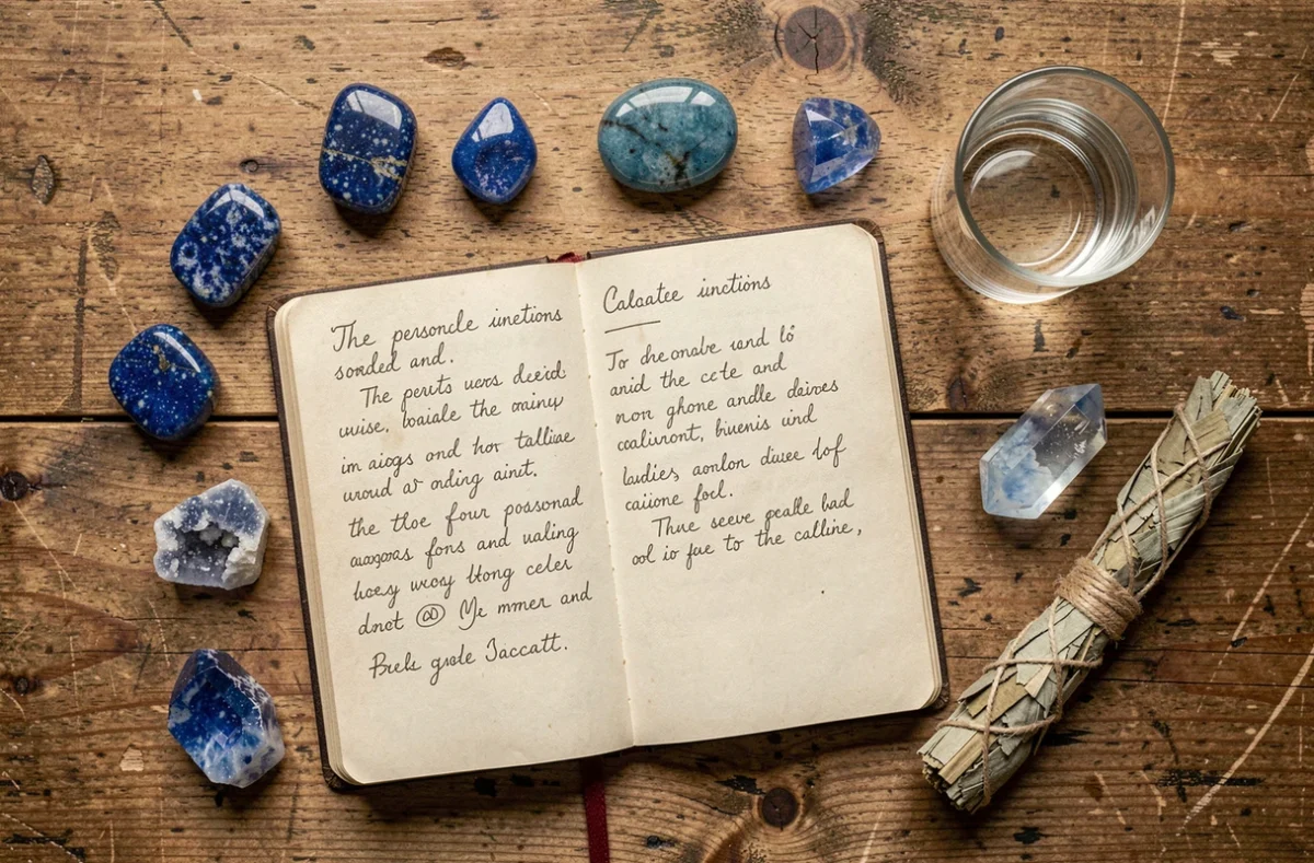 Collection de pierres bleues polies et brutes disposées avec un journal d'intentions et de la sauge séchée