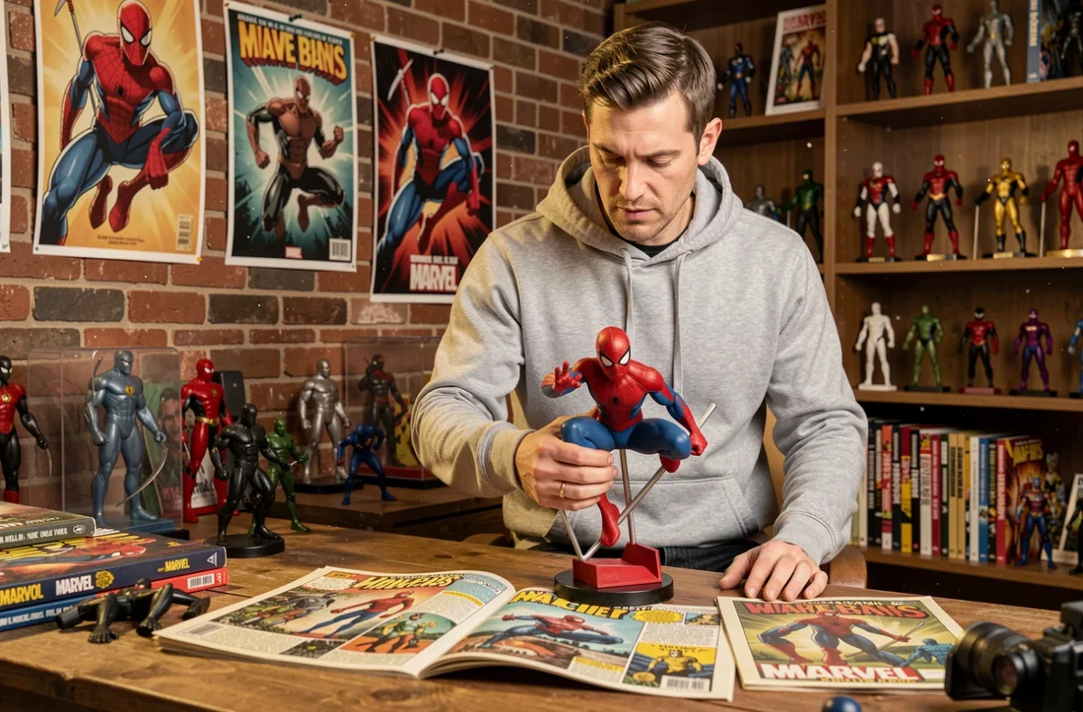 Collectionneur Marvel examinant des figurines Spider-Man et des comics vintage dans une pièce dédiée aux objets de collection