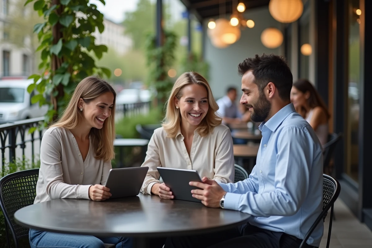 Groupe de collègues discutant dans un café en plein air