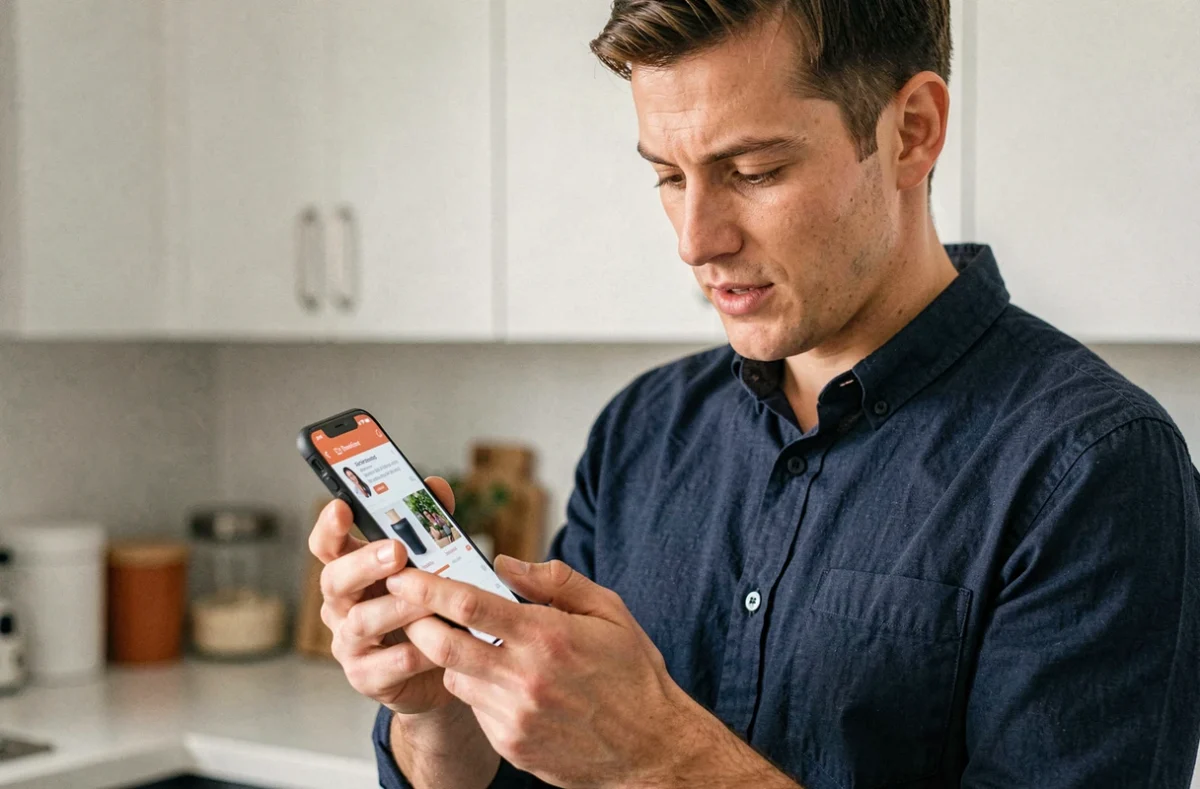 Homme parcourant les commandes et produits de SaraMart Hacoo sur son smartphone dans une cuisine moderne