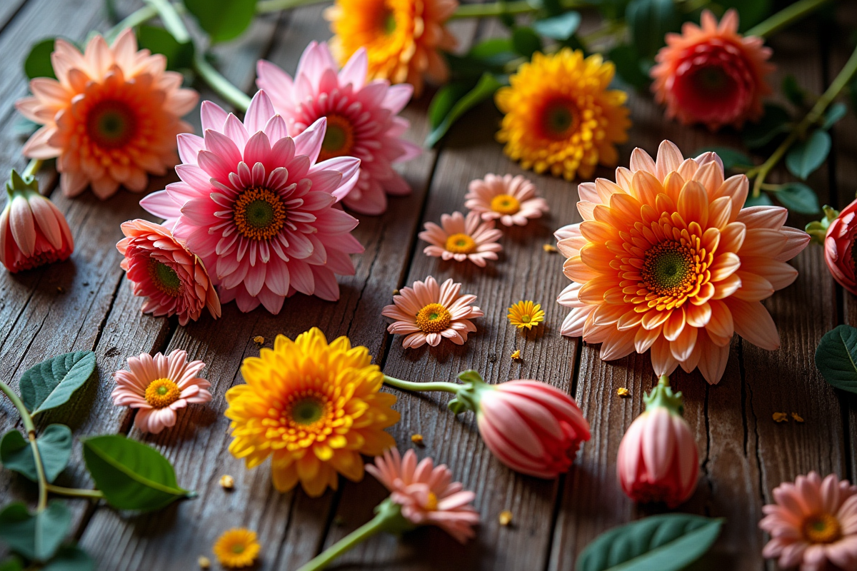 Arrangement artistique de fleurs tshaped sur table en bois