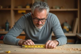 Homme mesurant une planche en bois avec un mètre ruban affichant des pouces et des centimètres dans un atelier