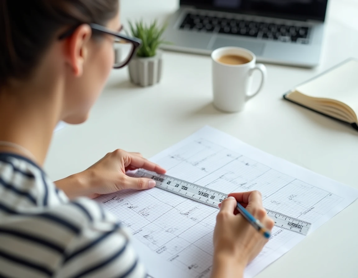 Femme calculant une conversion de pouces en centimètres sur du papier millimétré avec une règle transparente graduée dans un bureau minimaliste