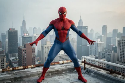 Cosplayer en costume de Spider-Man sur un toit urbain avec vue sur la ville pour illustrer Amazing Spider-Man 3