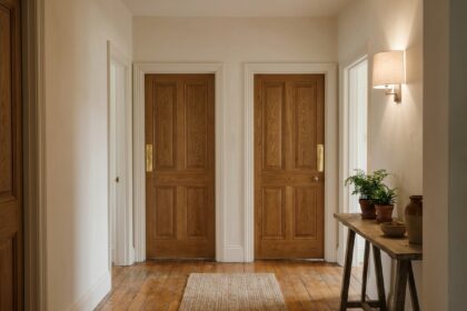 Couloir résidentiel chaleureux avec portes battantes en bois massif et parquet en chêne