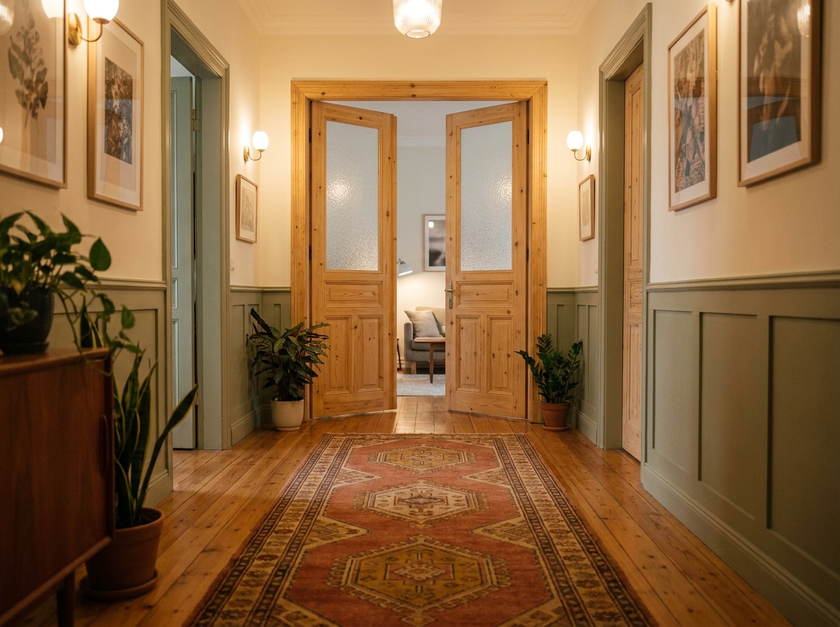 Couloir d'appartement avec doubles portes battantes en pin et boiseries en vert sauge pour une ambiance chaleureuse