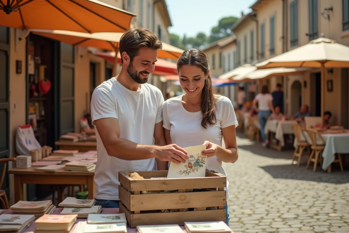 Couple de vacanciers feuilletant de vieilles cartes postales et livres anciens lors d'une brocante estivale dans un village de l'Aveyron
