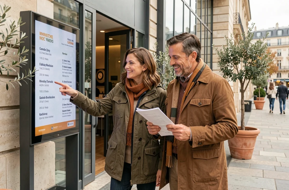 Couple devant un lieu culturel parisien consultant les sorties OVS disponibles