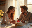 Couple heureux échangeant des notes d'amour au petit déjeuner