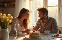 Couple heureux échangeant des notes d'amour au petit déjeuner