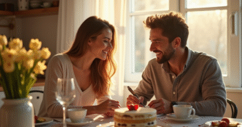Couple heureux échangeant des notes d'amour au petit déjeuner