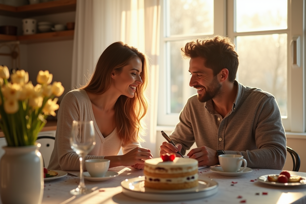 Couple heureux échangeant des notes d'amour au petit déjeuner