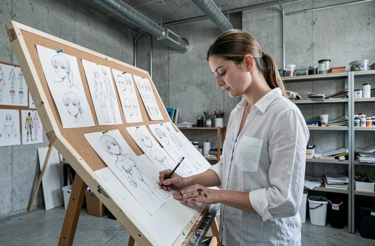 Étudiante en art dessinant des esquisses de personnage manga style anime avec des références anatomiques épinglées au mur, cours de dessin Aizawa