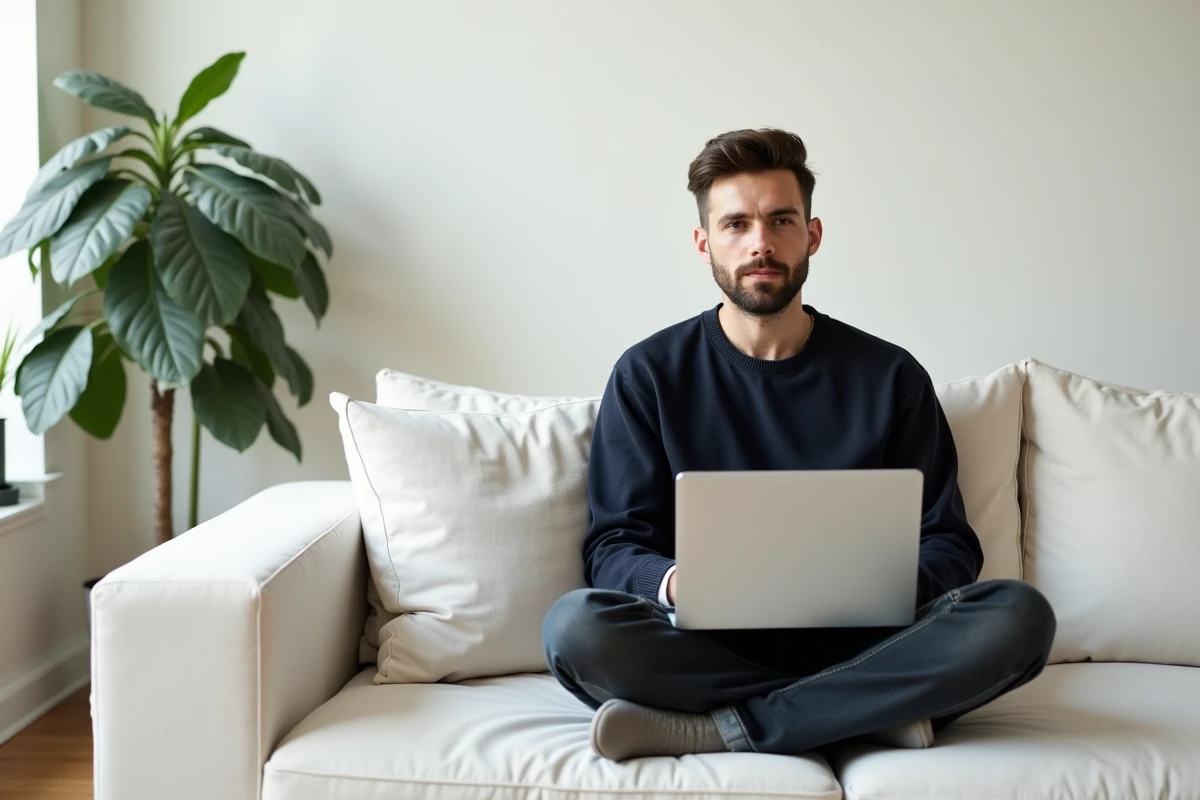 Jeune créateur gérant les licences d'images sur une plateforme numérique depuis son salon minimaliste