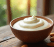 Crème d'amandes fraîche dans un bol en bois naturel