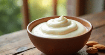 Crème d'amandes fraîche dans un bol en bois naturel