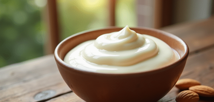 Crème d'amandes fraîche dans un bol en bois naturel