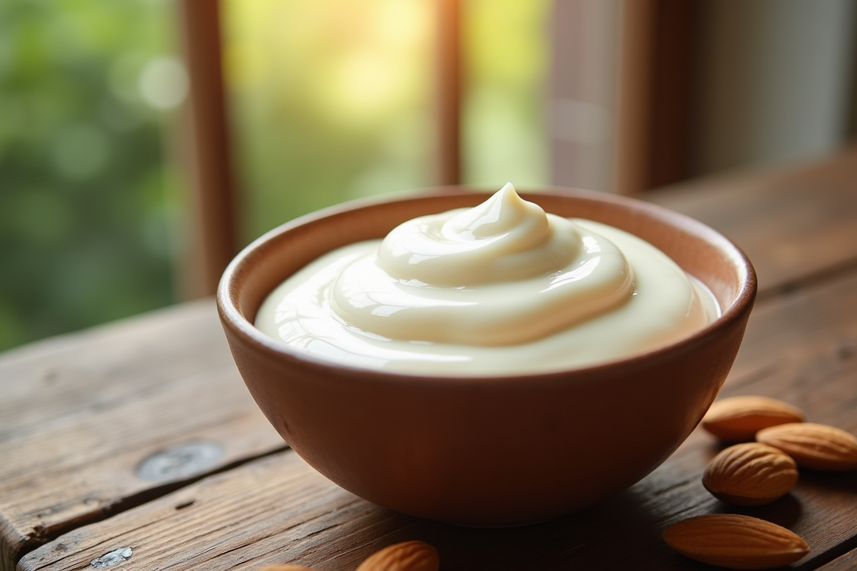 Crème d'amandes fraîche dans un bol en bois naturel