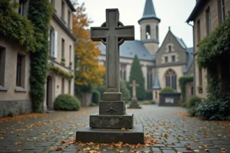 Monument en pierre sculpté d'une croix de Lorraine à double traverse dans une cour médiévale pavée, entouré de murs couverts de lierre en automne