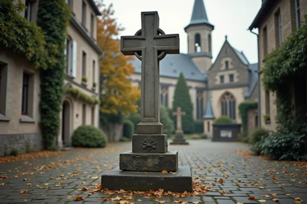 Monument en pierre sculpté d'une croix de Lorraine à double traverse dans une cour médiévale pavée, entouré de murs couverts de lierre en automne