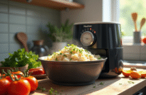 Cuisine moderne avec cuiseur à air Moulinex et riz vapeur