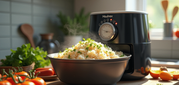 Cuisine moderne avec cuiseur à air Moulinex et riz vapeur