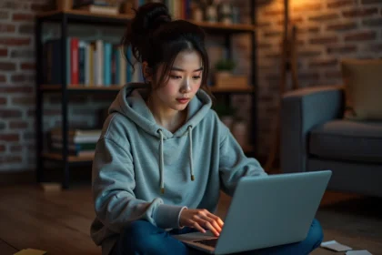 Jeune femme consultant des réseaux sociaux sur ordinateur portable dans un appartement urbain, illustrant l'émergence de cultures numériques interconnectées